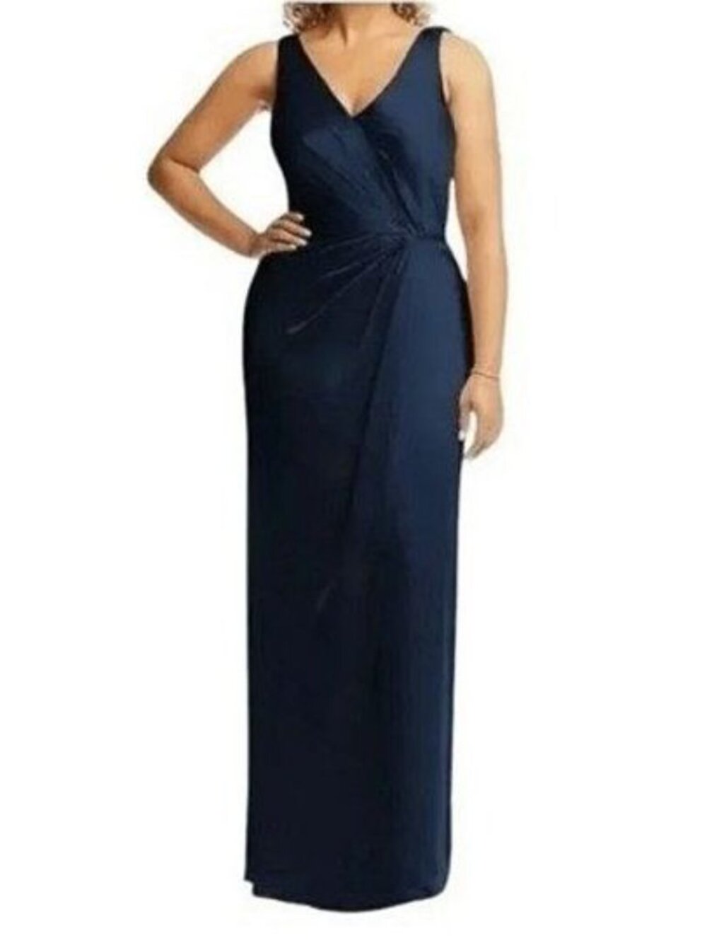 After Six Midnight Navy Blue Sleeveless Satin Faux Wrap Gown Size 14R Style 6864